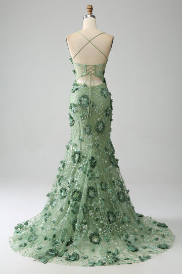 Mermaid Spaghetti Straps Green Corset Ball Dress with Appliques